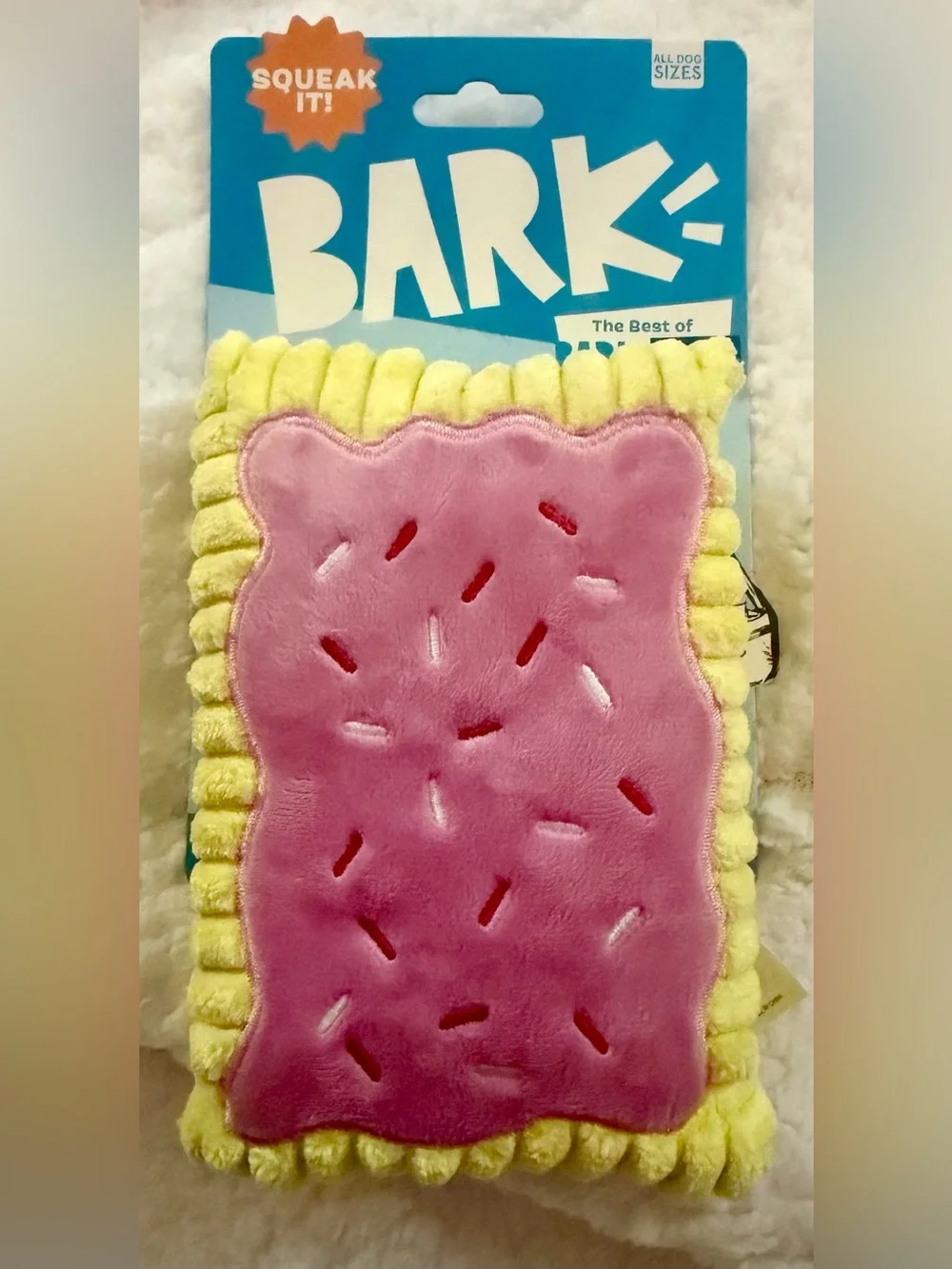 🐾BARK🐾 Pink Plush Snack Dog Toy with Yellow Ruffle Edge